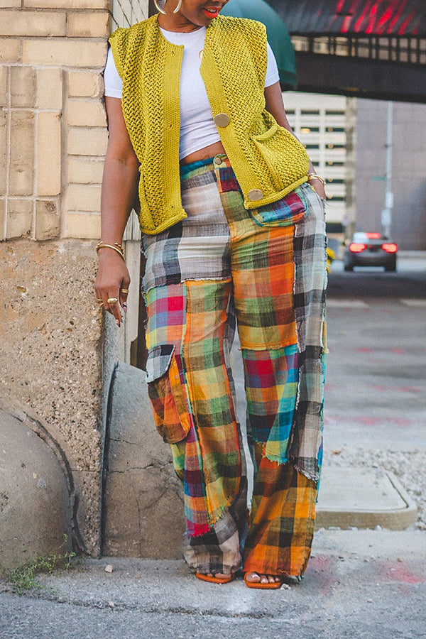 Designer Plaid Color Blocked Straight Leg Pants