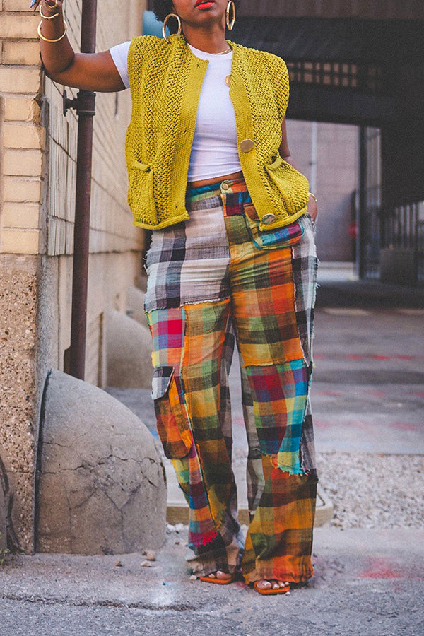 Designer Plaid Color Blocked Straight Leg Pants