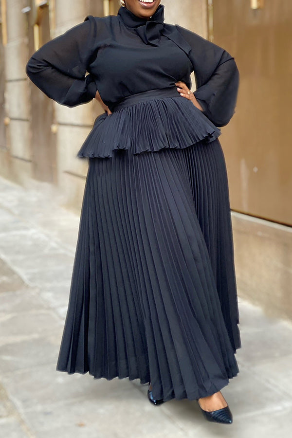 Chic Mesh Blouse & Pleated Skirt Set