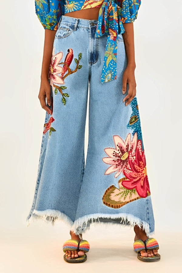 Chic Floral Print Wide Leg Jeans