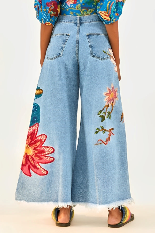 Chic Floral Print Wide Leg Jeans