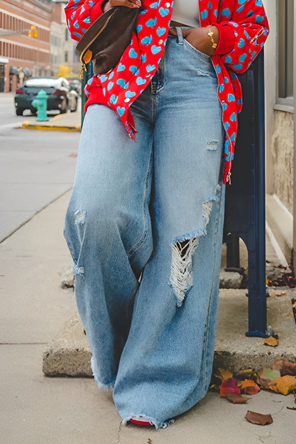 Fashionable High-Waisted Ripped Loose Jeans