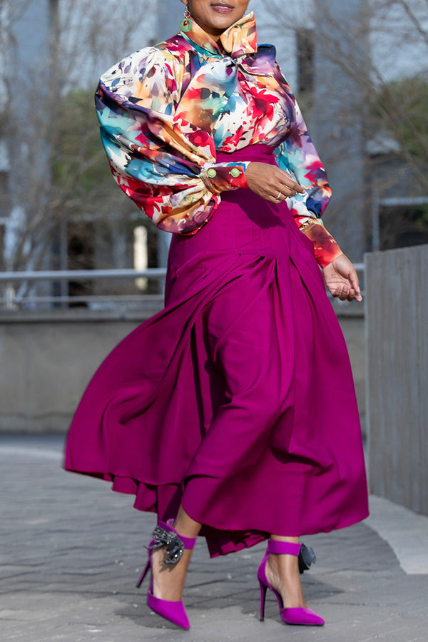 Stylish Floral Print Top & Pleated Skirt Set