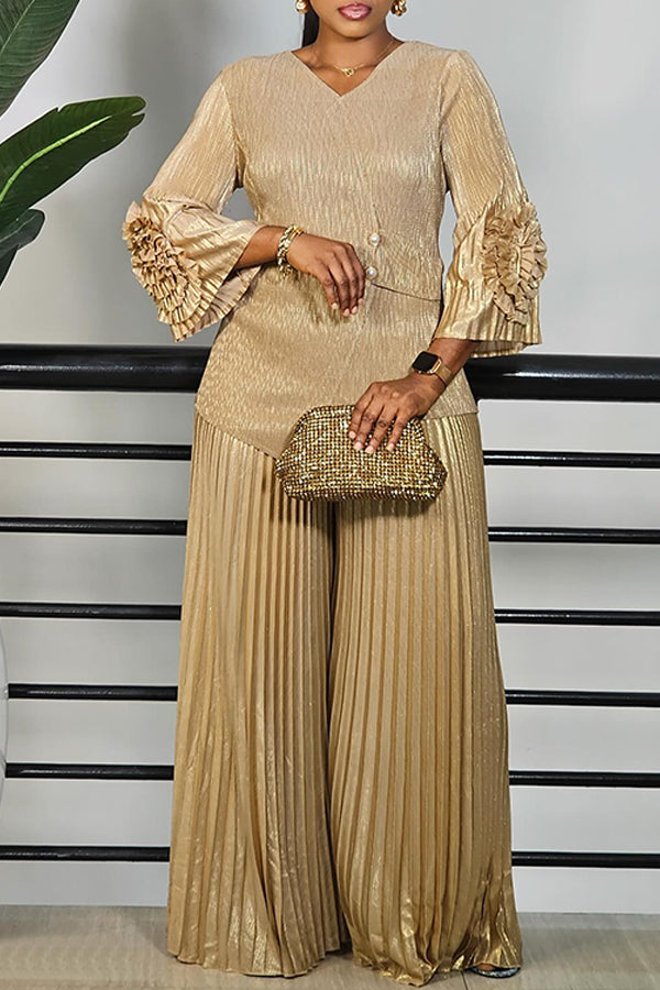 Luxurious Trumpet Sleeve Top & Pleated Pants Set