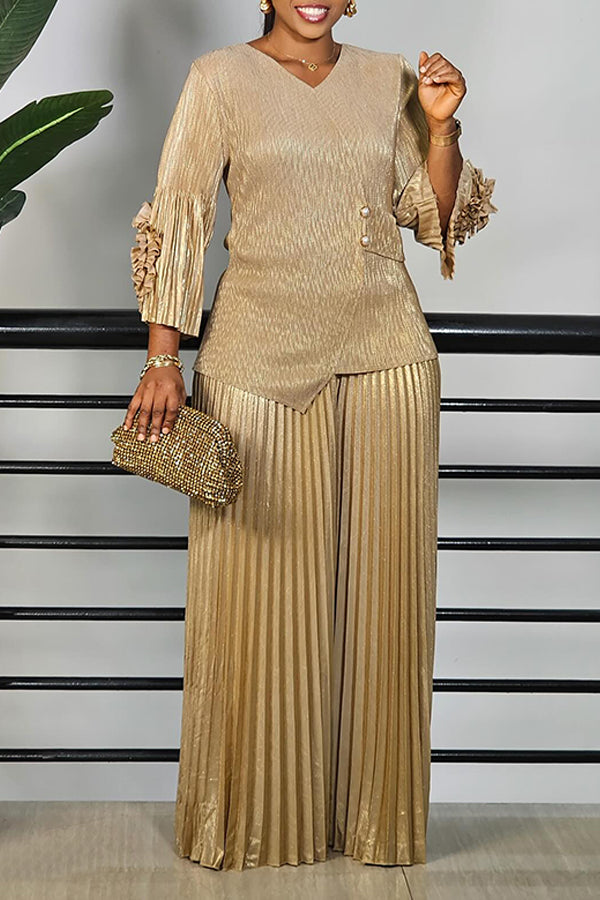 Luxurious Trumpet Sleeve Top & Pleated Pants Set