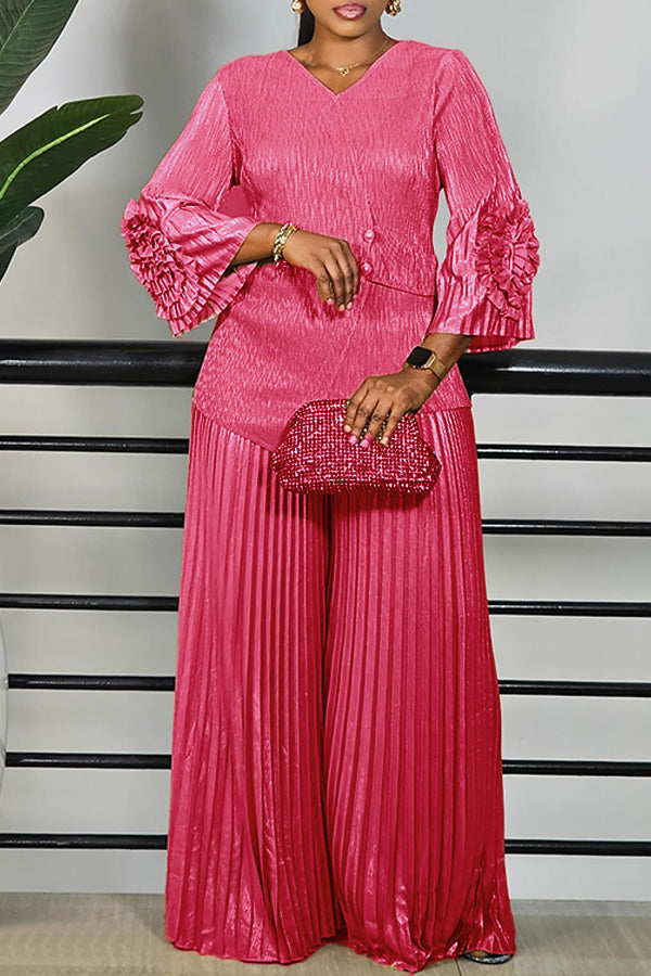 Luxurious Trumpet Sleeve Top & Pleated Pants Set