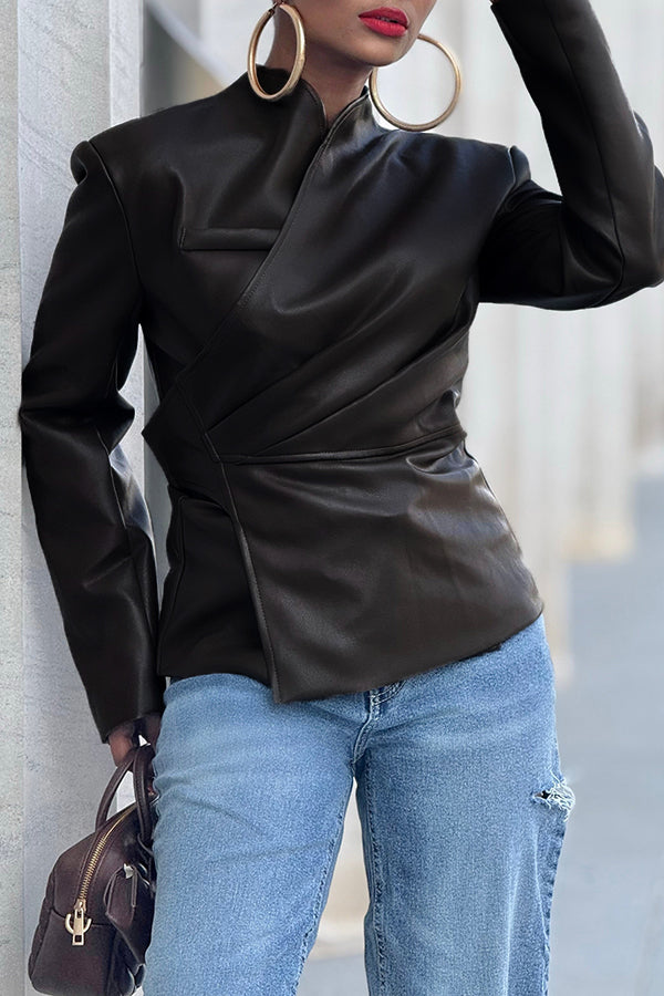 Stylish Wrap Style Asymmetrical Leather Coat