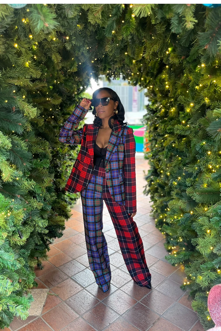 Stylish Plaid Blazer & Pants Set