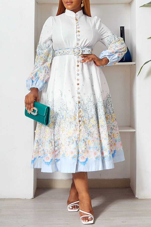 Chic Sunflower Print Midi Belted Dress