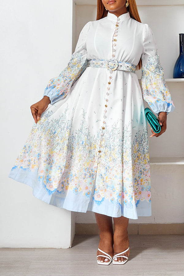 Chic Sunflower Print Midi Belted Dress