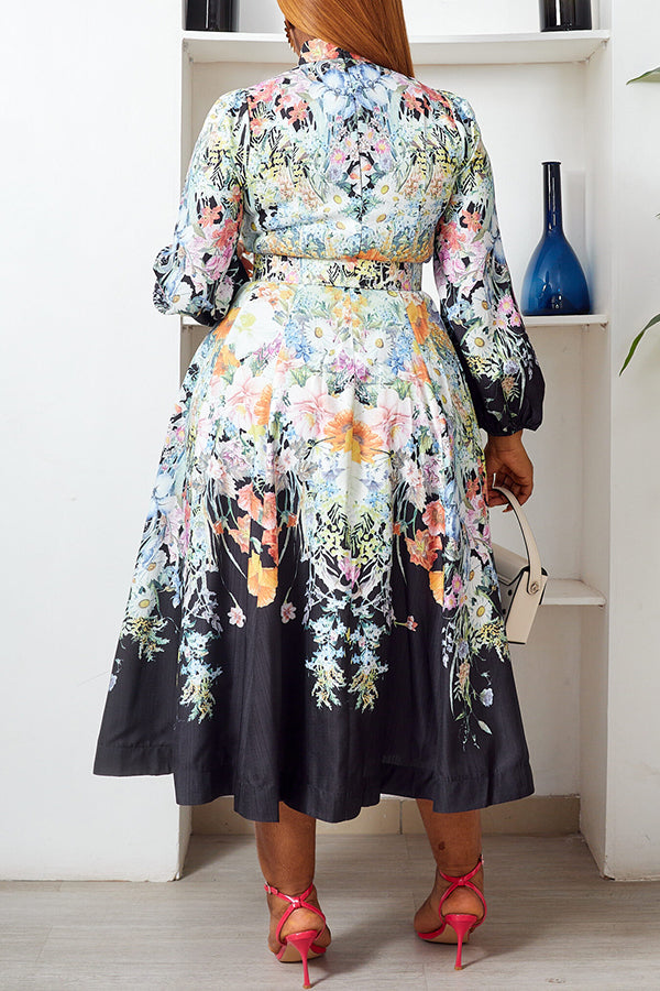 Chic Floral Print Belted Midi Shirt Dress