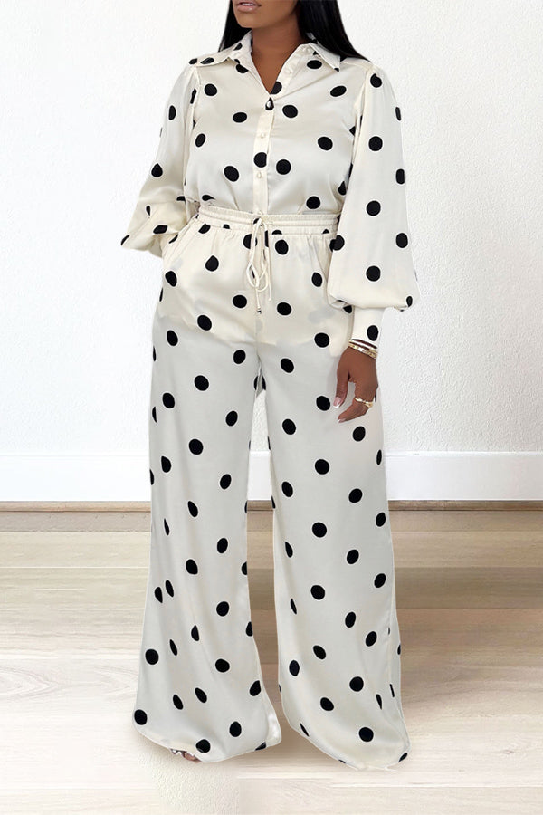 Fashionable Polka Dot Shirt & Drawstring Pants Set