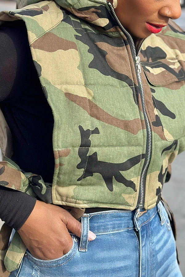 Casual Side Self-ties Camo Hooded Vest