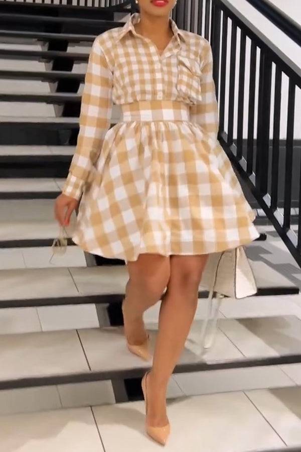 Fashion Plaid Belted Puffy Hem Dress