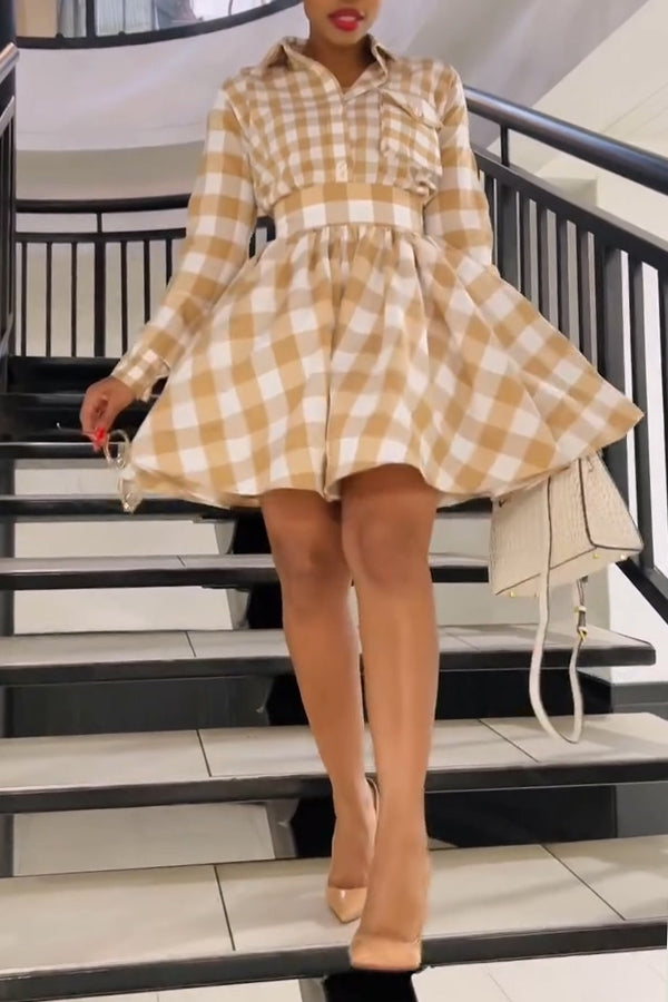 Fashion Plaid Belted Puffy Hem Dress