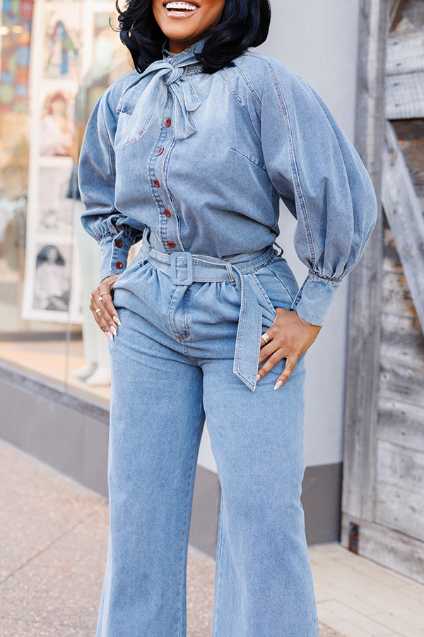 Bow Collar Denim Top & Pants Set