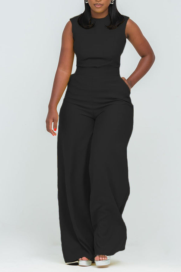 Stylish Round Neck Slant Pocket Jumpsuit