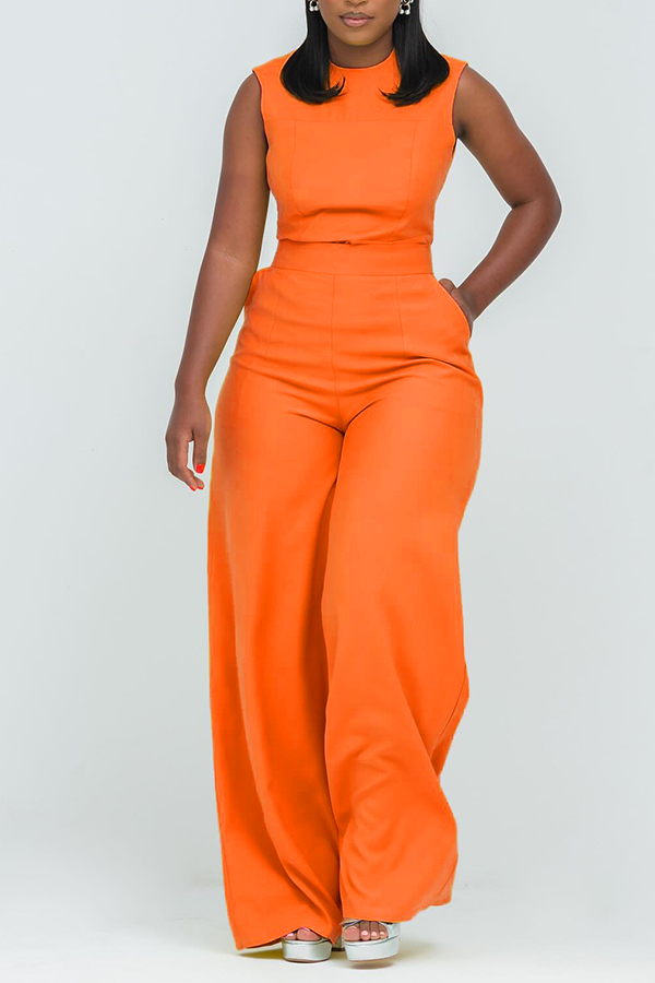 Stylish Round Neck Slant Pocket Jumpsuit