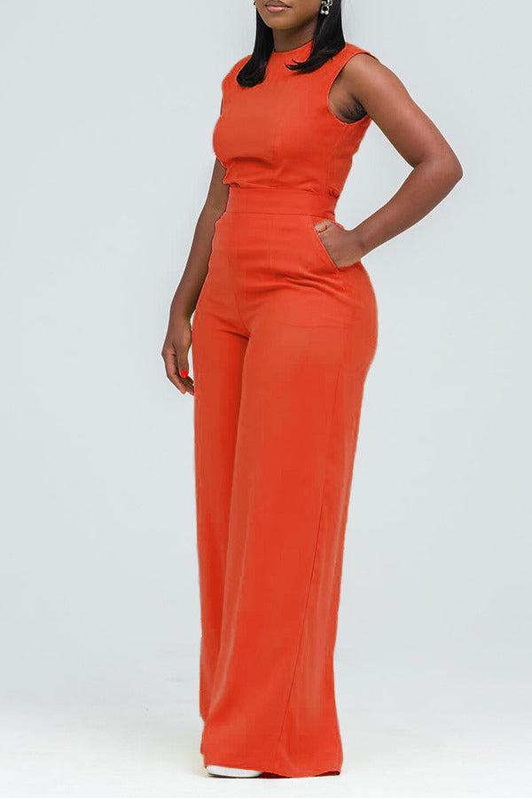 Stylish Round Neck Slant Pocket Jumpsuit