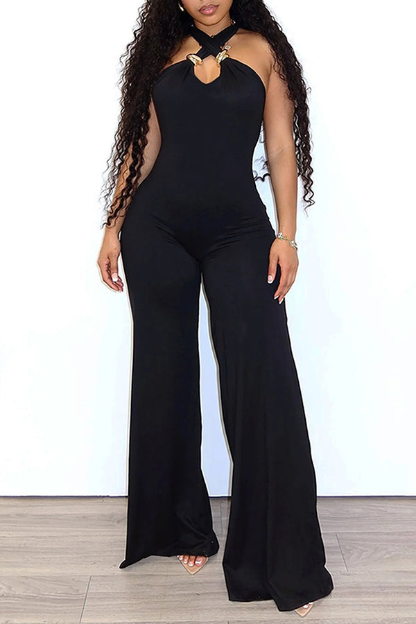 Elegant Solid Color Halterneck Jumpsuit