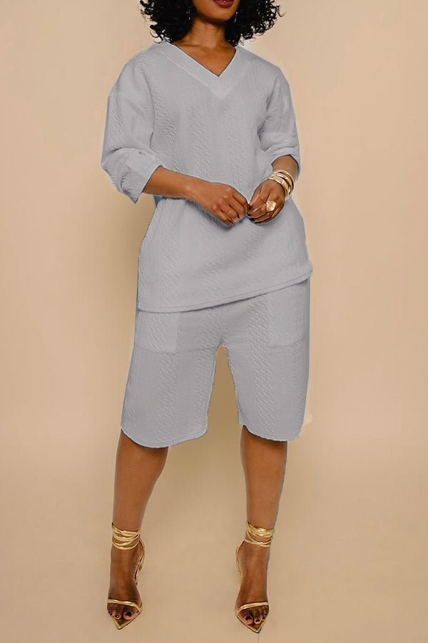 Casual Textured V Neck T-shirt & Shorts Set