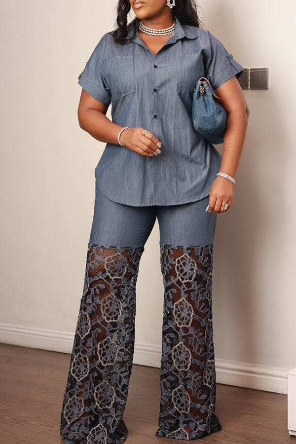 Short-sleeved Shirt & Lace Patchwork Pants Set
