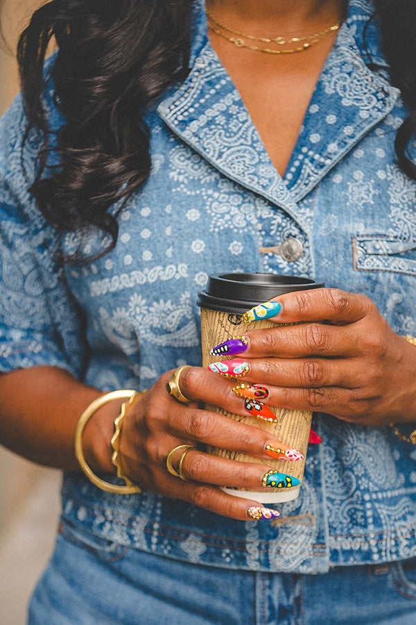 Fashionable Cashew Print Denim Short Jacket