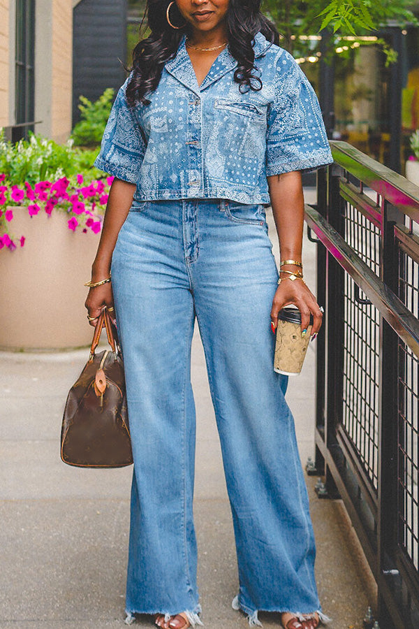 Fashionable Cashew Print Denim Short Jacket