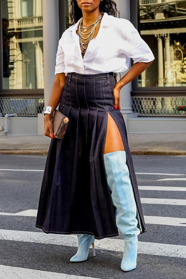 Fashionable Slit Pleated Denim Skirt