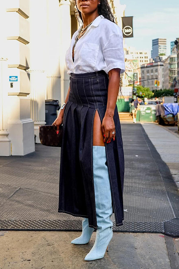 Fashionable Slit Pleated Denim Skirt