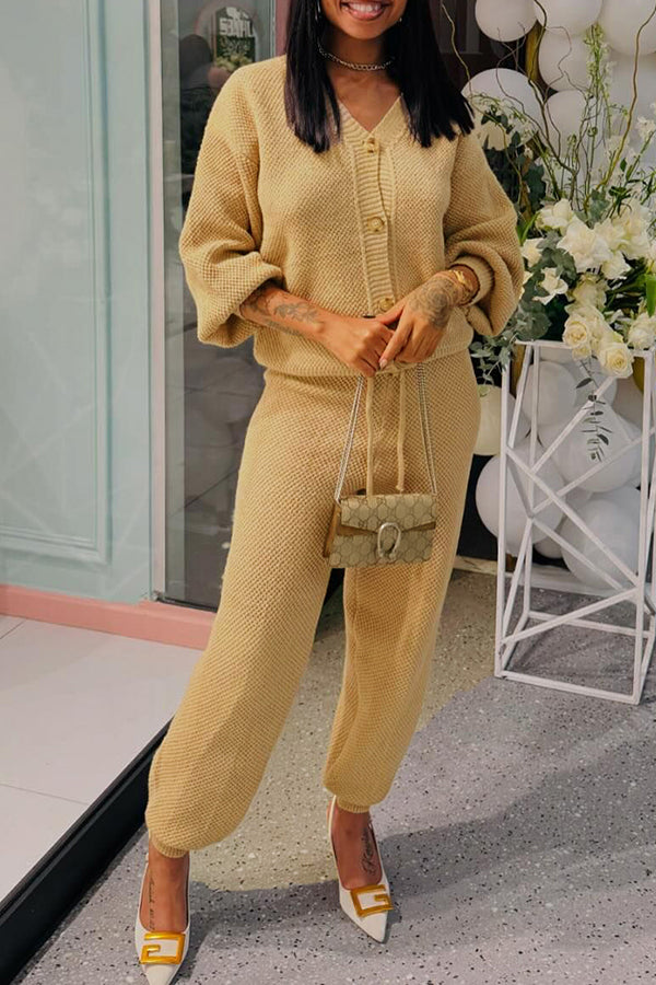 Casual Solid Sweater & Drawstring Pants Set