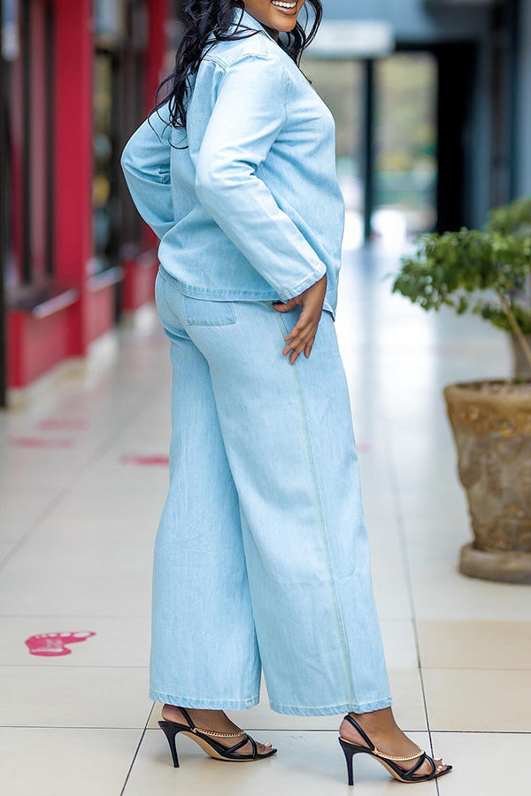 Casual Denim Shirt & Wide Leg Pants Set