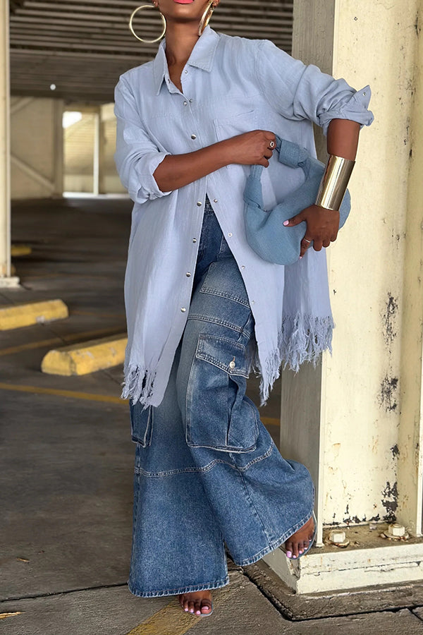 Casual Long Fringe Hem Denim Jacket