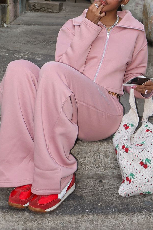 Casual Zipper Sweatshirt & Lettered Rhinestone Sweatpants Set