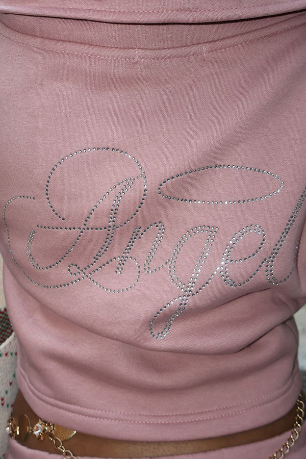 Casual Zipper Sweatshirt & Lettered Rhinestone Sweatpants Set