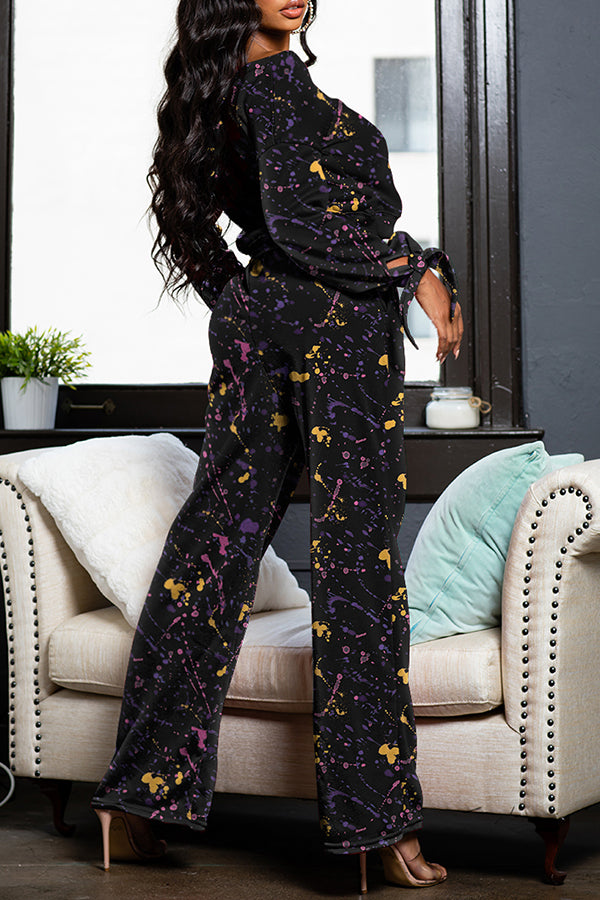 Casual Colorful Printed Crew Neck Top & Pants Set