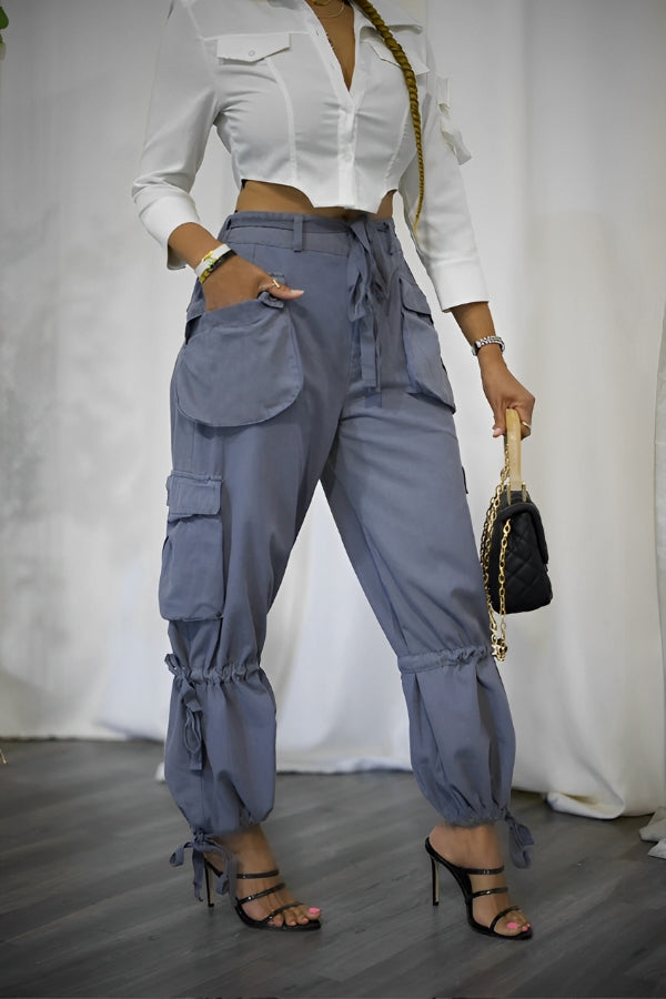 Casual Multi Pocket Tied Belt Decorated Pants