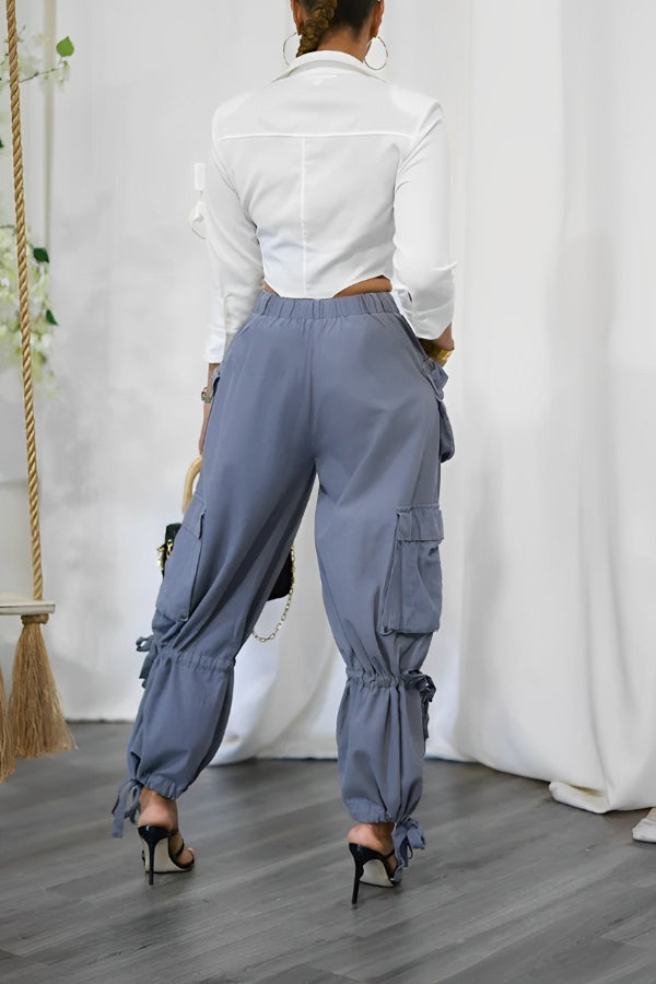 Casual Multi Pocket Tied Belt Decorated Pants