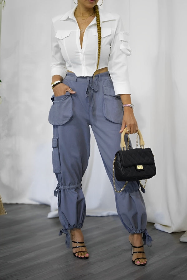 Casual Multi Pocket Tied Belt Decorated Pants