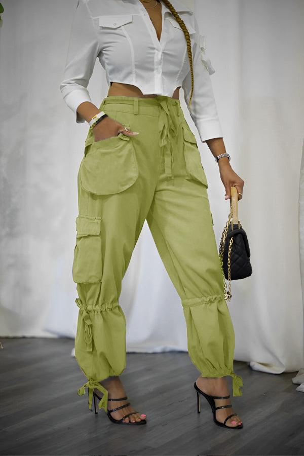 Casual Multi Pocket Tied Belt Decorated Pants