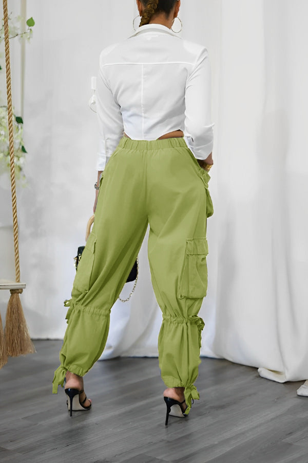 Casual Multi Pocket Tied Belt Decorated Pants