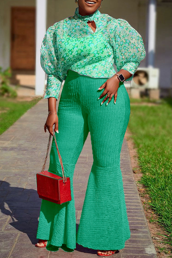 Elegant Puff Sleeve Shirt & Textured Bell Pants Set