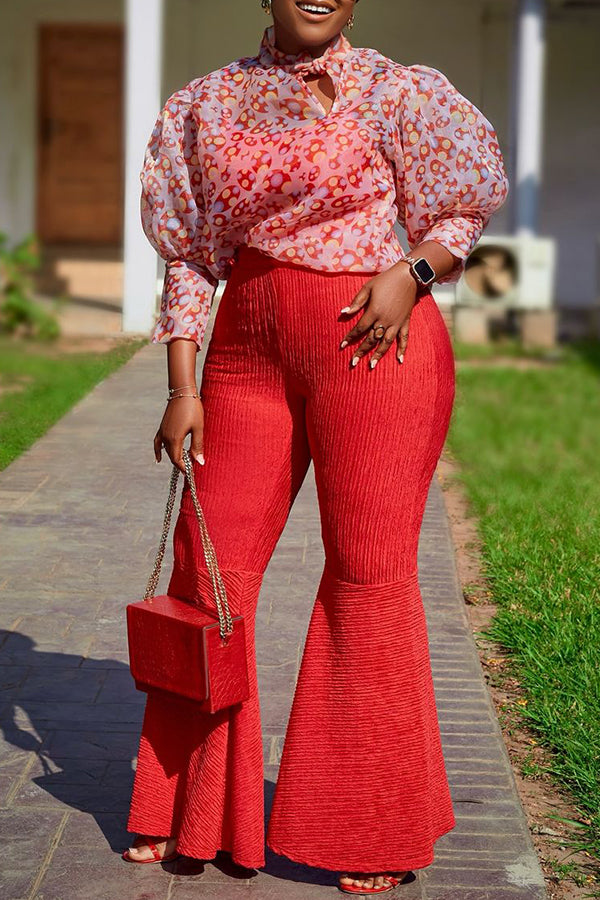 Elegant Puff Sleeve Shirt & Textured Bell Pants Set