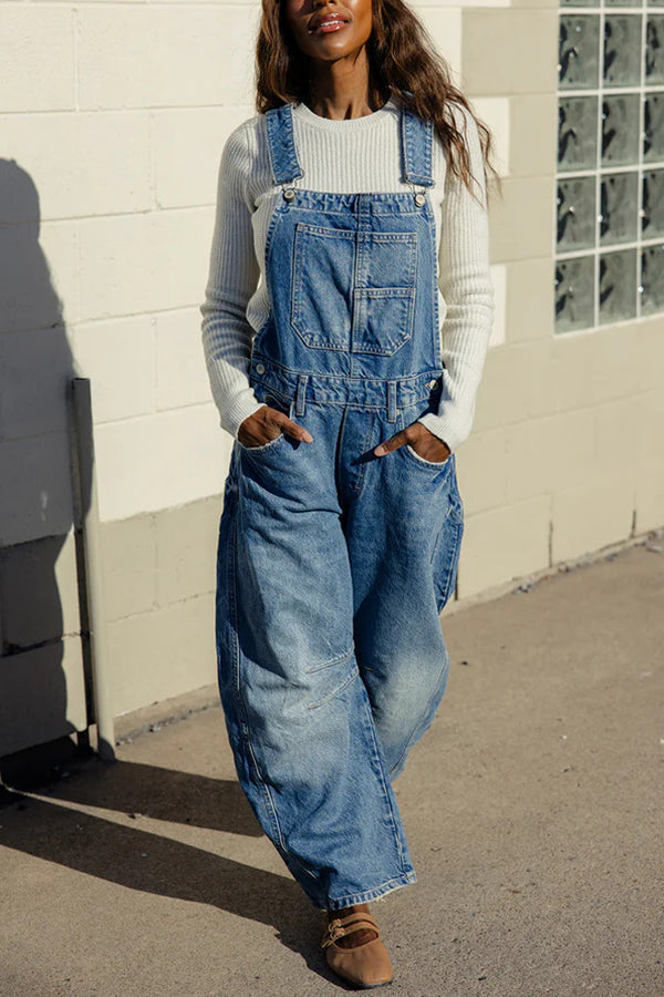 Casual Pocket Decorated Denim Overalls