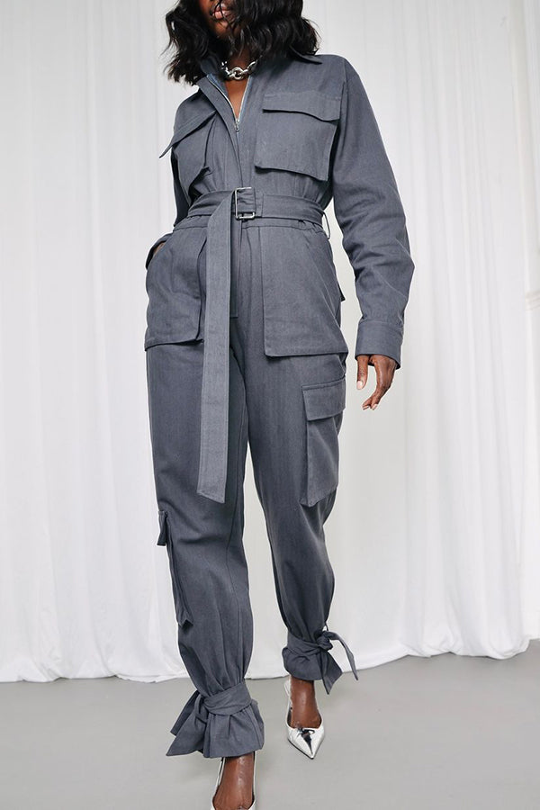 Stylsih Zip Adjustable Belted Cargo Jumpsuit