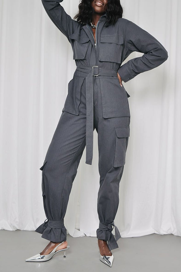 Stylsih Zip Adjustable Belted Cargo Jumpsuit