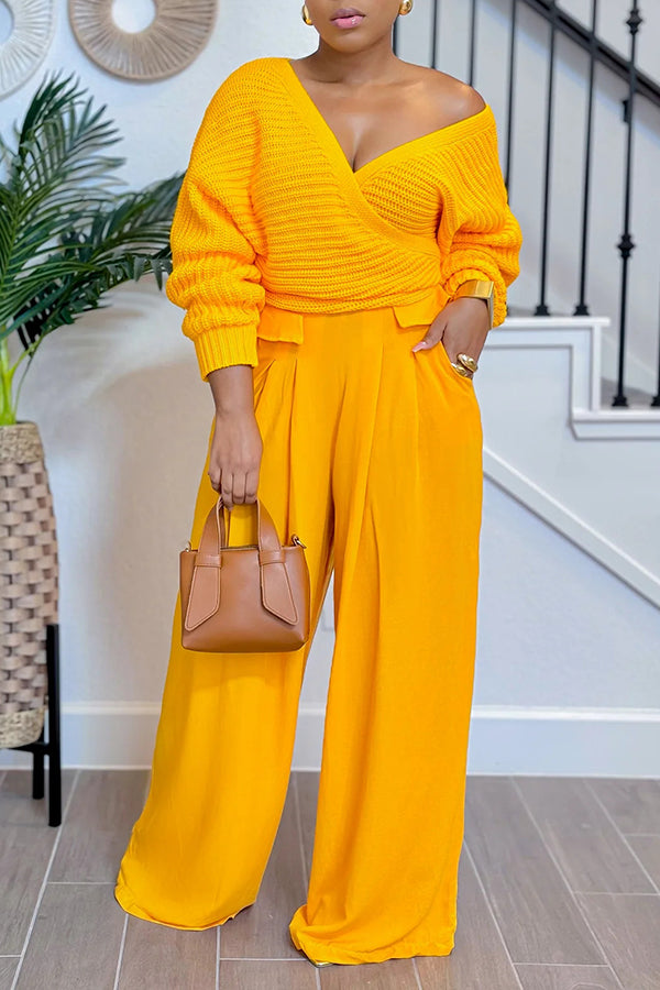 Elegant V Neck Drop Shoulder Sweater & Pants Set