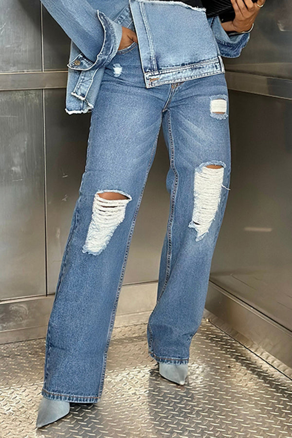 Stylish Ripped High Waist Straight Jeans