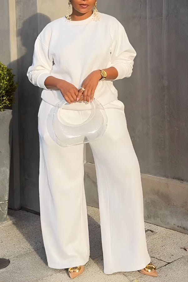 Casual Basic Solid Sweatshirt & Wide-Leg Pants Set