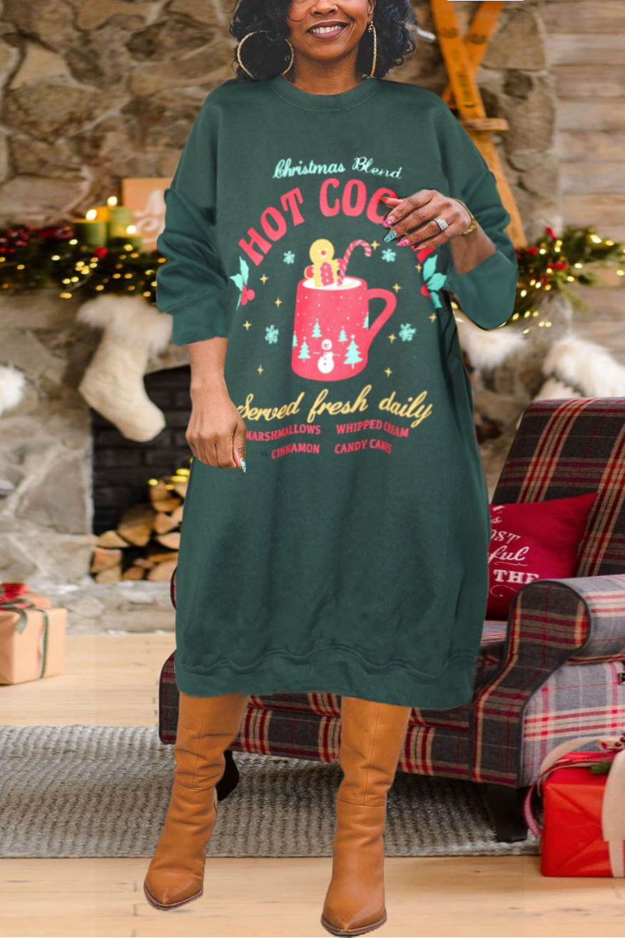 Christmas Mug Print Long Sleeve Sweater Dress